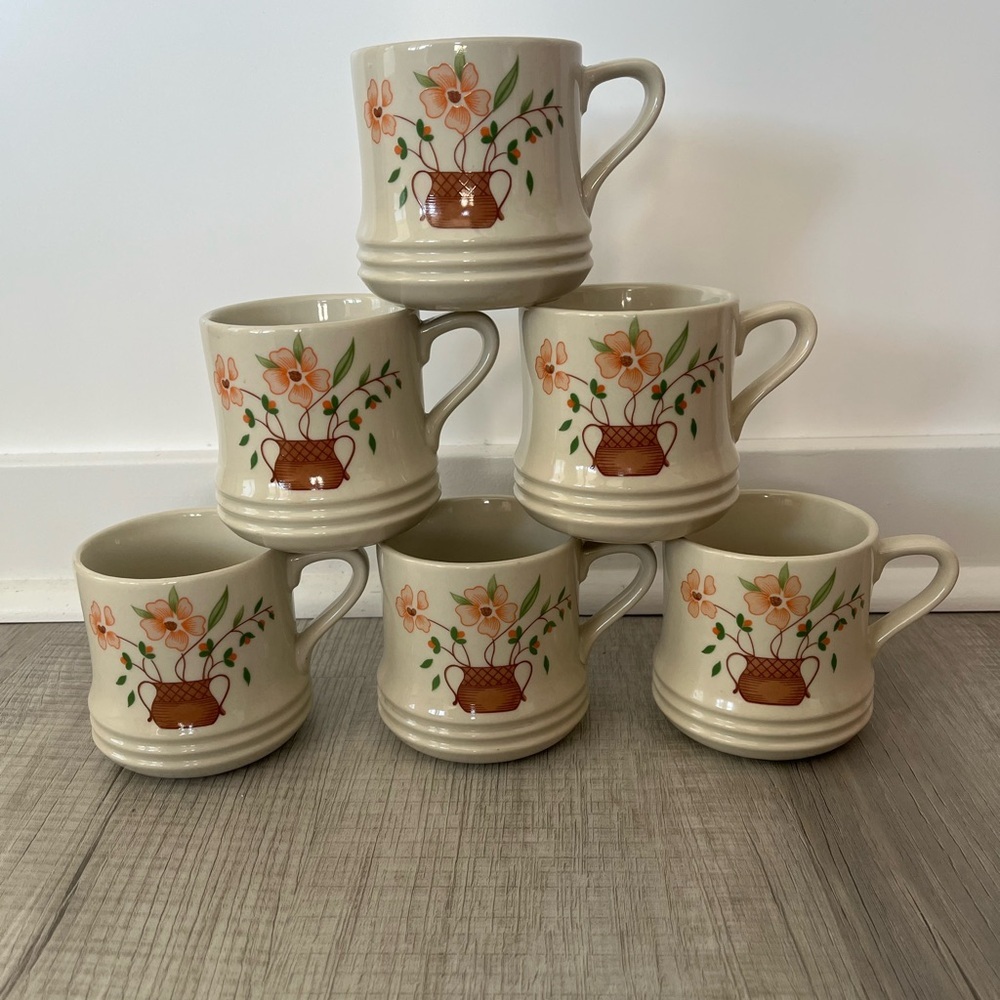 6 PC Countryside Stoneware Collection Coffee Mug Floral Basket Glazed 1980’s